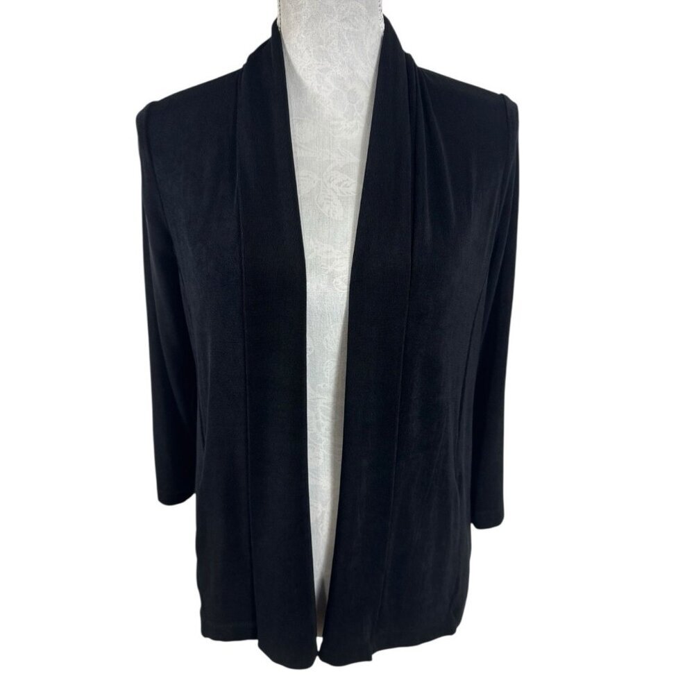 Chico’s‎ Traverlers  0 = S/4 3/4 Sleeve Open Slinky Liquid Knit Cardi Black EUC